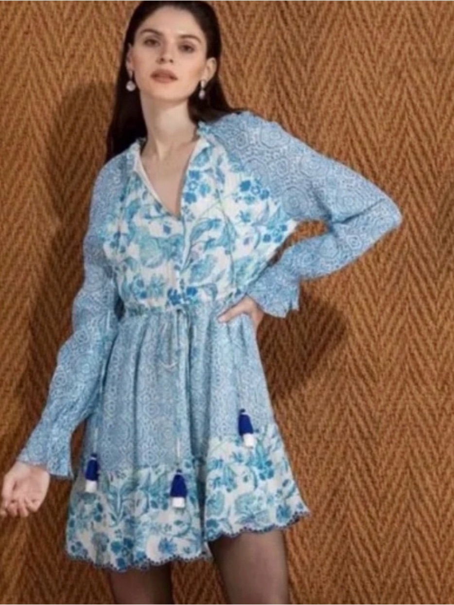 Hemant & Nandita Light Blue Floral Tie-Detail Mini Dress